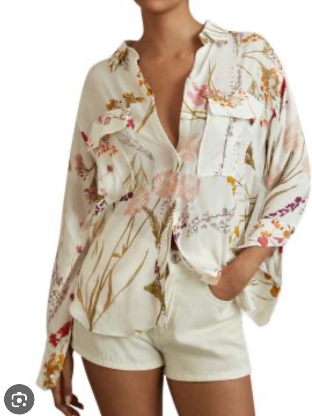 Reiss Cream Floral Button-Front Blouse with Pink & Gold Accents
